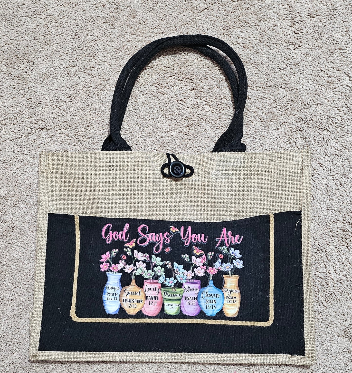 Burlap Tote God Says 1 Medium