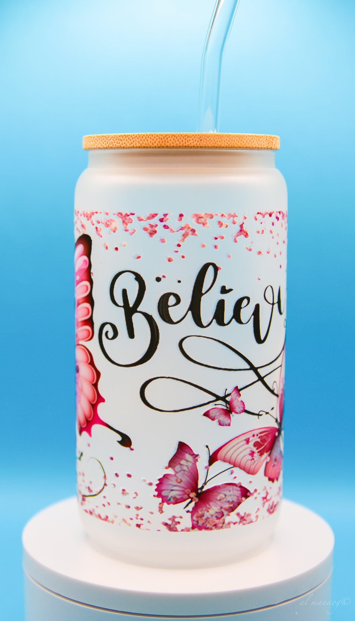 Glass Tumbler with Bamboo Lid 16 oz (Frosted)