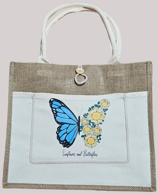 Burlap Tote Butterfly 3 Medium