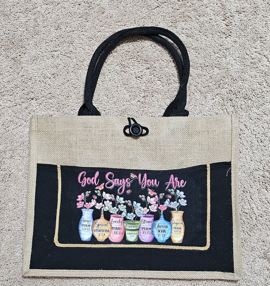 Burlap Tote God Says 1 Medium